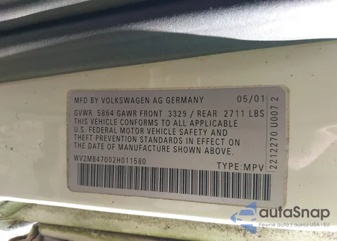 2002 Volkswagen Eurovan Mv z USA, uszkodzony, nr VIN WV2MB47002H011580